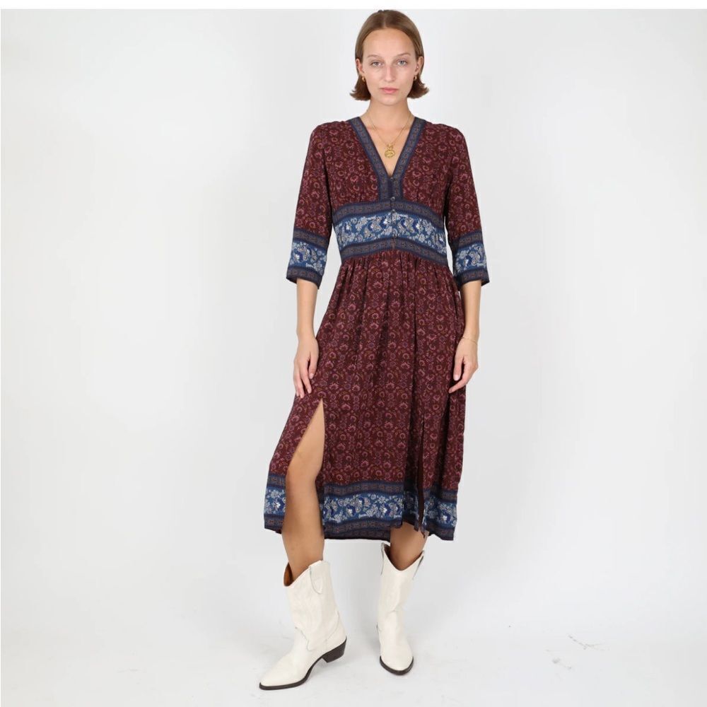 Sea Burgundy and Blue Silk Floral Dress